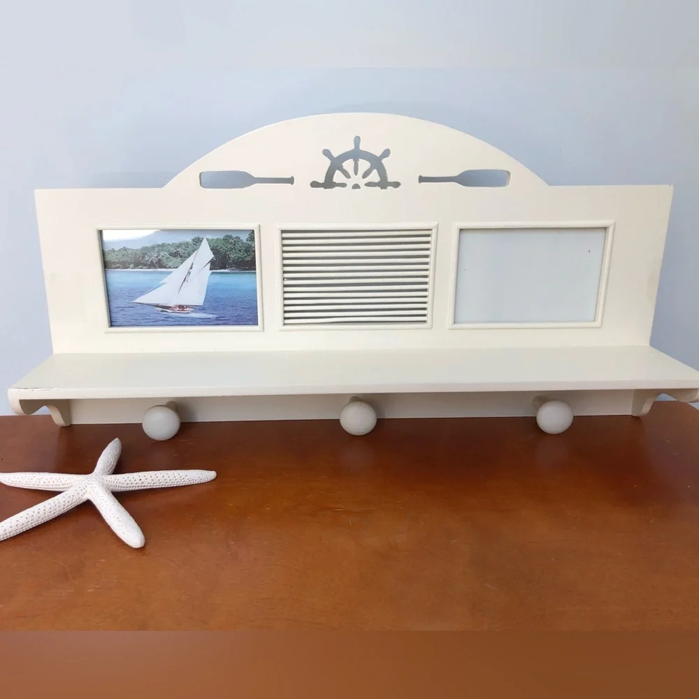 NEW Nautical Coastal Wall Shelf With Pegs & Photo Slots